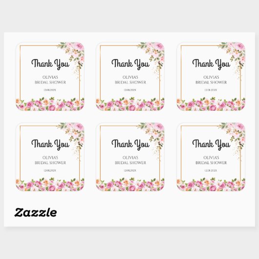 感謝の気持ちを込めた Petals and Prosecco フラワーブライダルシャワー スクエアシール (シート)