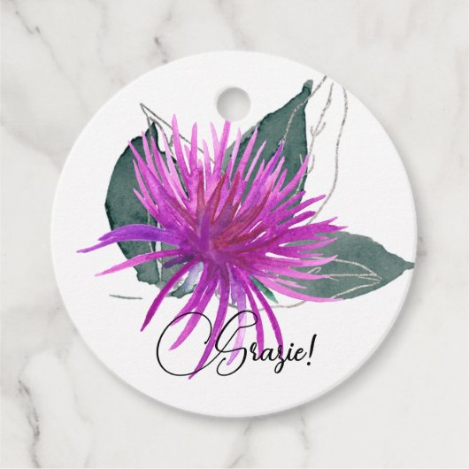 感謝の水彩パープルアザミと緑の葉 フェイバータグ (正面)