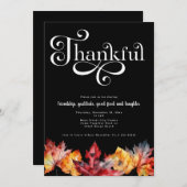 感謝の白いスクリプトの水彩の葉 黒 招待状 (正面/裏面)