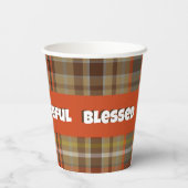 感謝の秋の格子状の茶色のオレンジ色のグレー金ゴールド白 紙コップ (裏面)