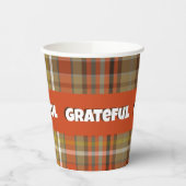 感謝の秋の格子状の茶色のオレンジ色のグレー金ゴールド白 紙コップ (左)