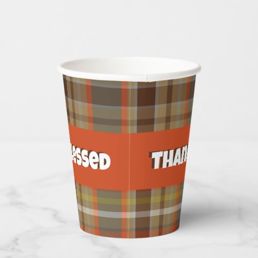 感謝の秋の格子状の茶色のオレンジ色のグレー金ゴールド白 紙コップ (右)