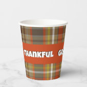 感謝の秋の格子状の茶色のオレンジ色のグレー金ゴールド白 紙コップ (正面)