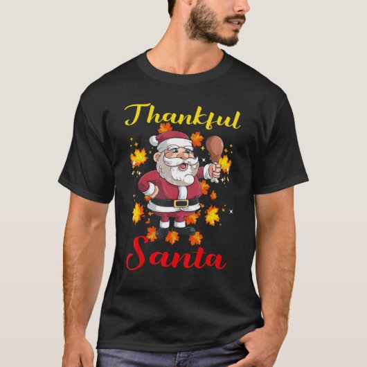 感謝の秋の葉とサンタクロースのチキンモモ Tシャツ (正面)