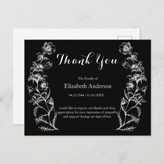 感謝の葬儀白黒ヴィンテージ花 ポストカード (正面/裏面)