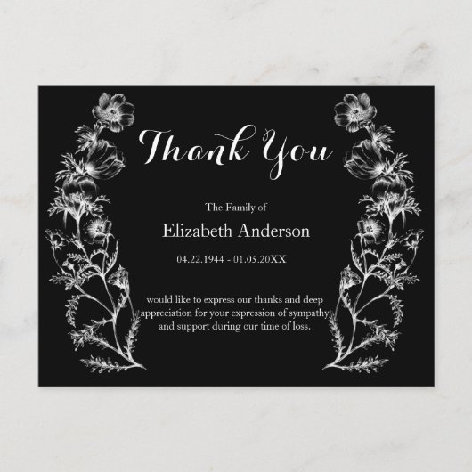 感謝の葬儀白黒ヴィンテージ花 ポストカード (正面)