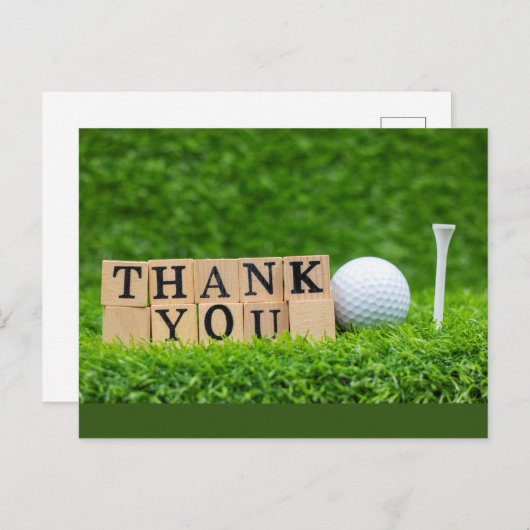 感謝の言葉が書かれた緑の芝生の上のゴルフボール ポストカード (正面/裏面)