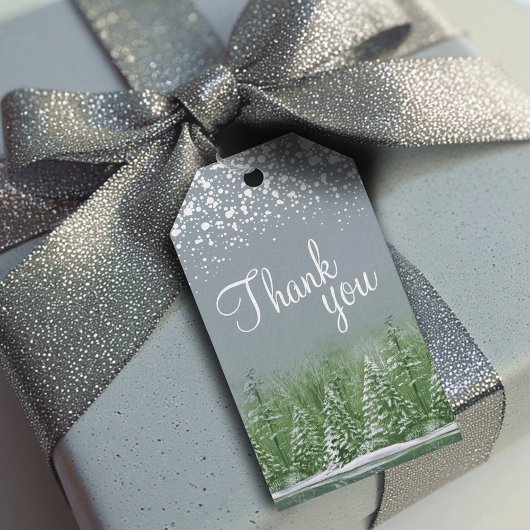 感謝の言葉 緑の松の木 灰色の背景のアート ギフトタグ