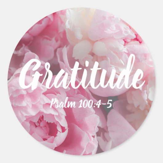 感謝の詩編100:4-5節ピンクエレガント色の花 ラウンドシール (正面)