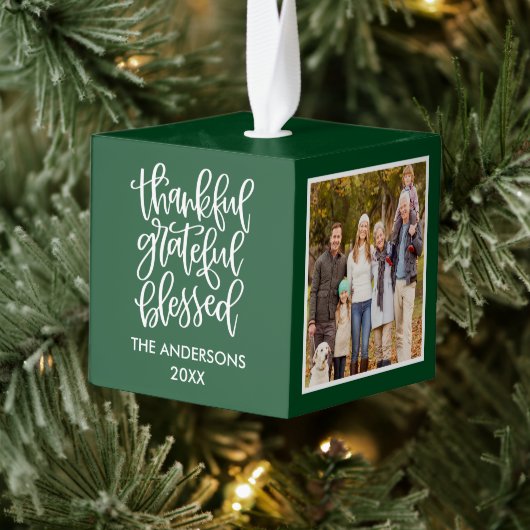 感謝の賛美3つの写真コラージュ緑 キューブオーナメント (ツリー)