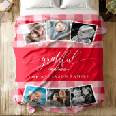 感謝の赤い格子状の秋家族6写真コラージュ フリースブランケット