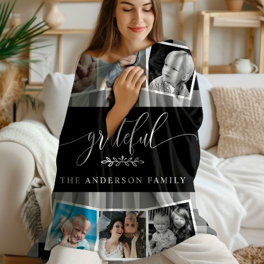 感謝の黒の格子状秋家族6写真コラージュ フリースブランケット