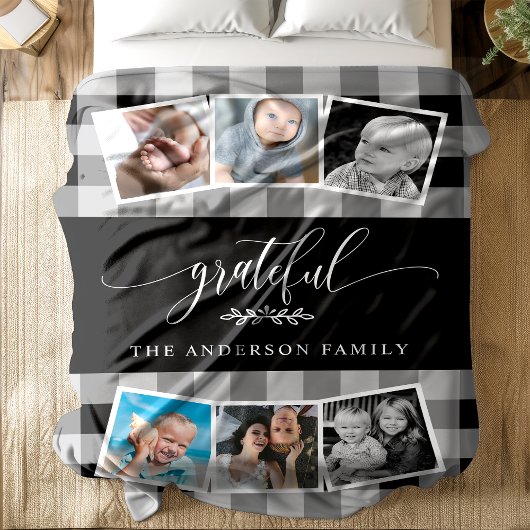 感謝の黒の格子状秋家族6写真コラージュ フリースブランケット