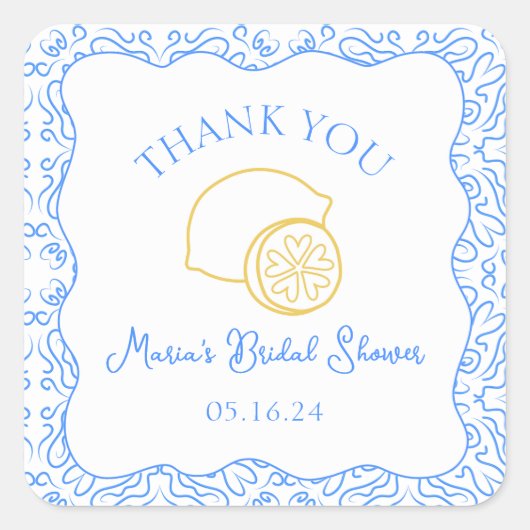 感謝を伝える レモン ブルー タイル カスタム ブライダル シャワー スクエアシール (正面)