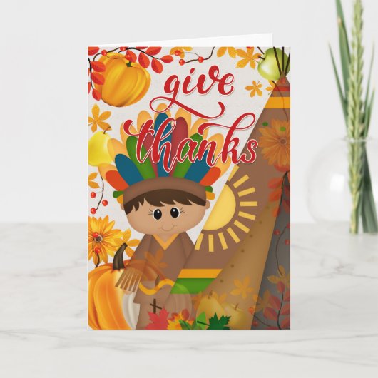 感謝を捧げる - ネイティブアメリカンの少年とティピー カード (正面)
