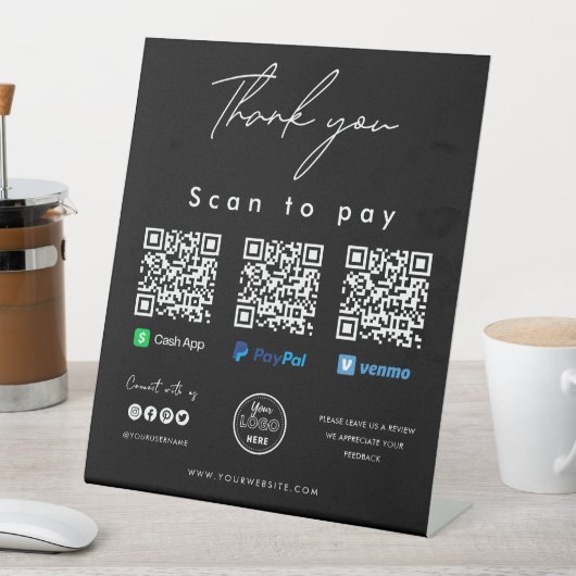 感謝スキャンしてロゴを支払うQRコードここで黒 台座サイン (インサイチュ)