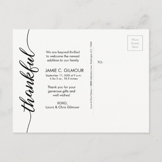 感謝スクリプトカスタムフォトベビーありがとう誕生 案内ポストカード (裏面)