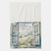 感謝ハート水色フローラ窓 キッチンタオル (縦)