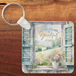 感謝ハート水色フローラ窓 キーホルダー