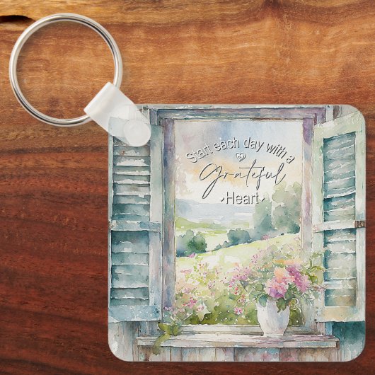 感謝ハート水色フローラ窓 キーホルダー (正面)