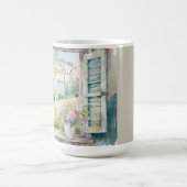 感謝ハート水色フローラ窓 コーヒーマグカップ (中央)