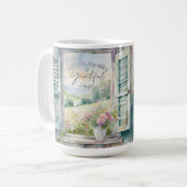 感謝ハート水色フローラ窓 コーヒーマグカップ (正面左)