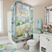 感謝ハート水色フローラ窓 シャワーカーテン