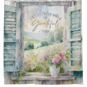 感謝ハート水色フローラ窓 シャワーカーテン (正面)