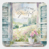 感謝ハート水色フローラ窓 スクエアシール (正面)