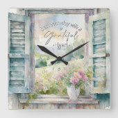 感謝ハート水色フローラ窓 スクエア壁時計 (正面)