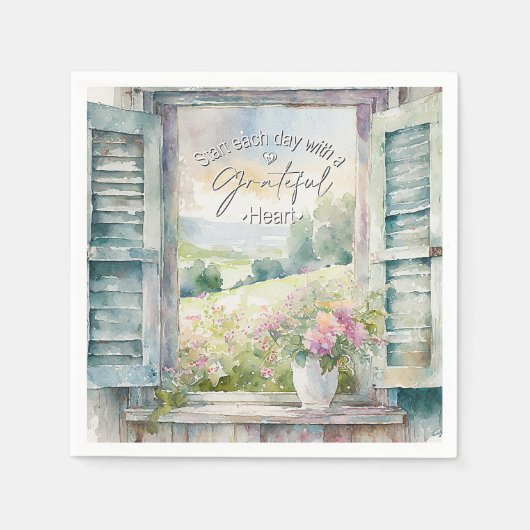 感謝ハート水色フローラ窓 スタンダードカクテルナプキン (正面)
