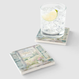 感謝ハート水色フローラ窓 ストーンコースター