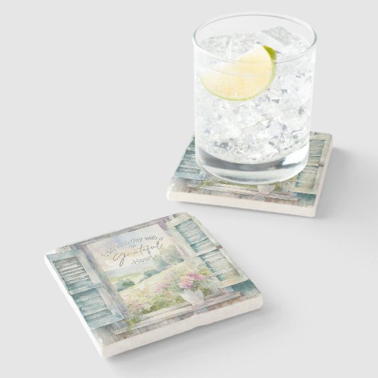 感謝ハート水色フローラ窓 ストーンコースター (横)