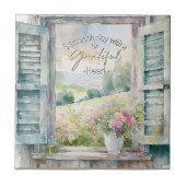 感謝ハート水色フローラ窓 タイル (正面)