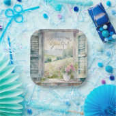 感謝ハート水色フローラ窓 ペーパープレート (パーティー)