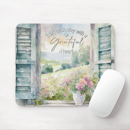 感謝ハート水色フローラ窓 マウスパッド (マウス)