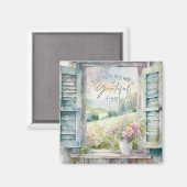 感謝ハート水色フローラ窓 マグネット (正面/裏面)