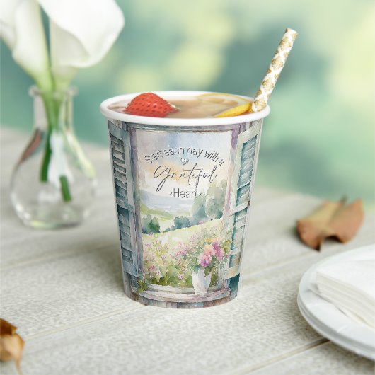 感謝ハート水色フローラ窓 紙コップ (インサイチュ)