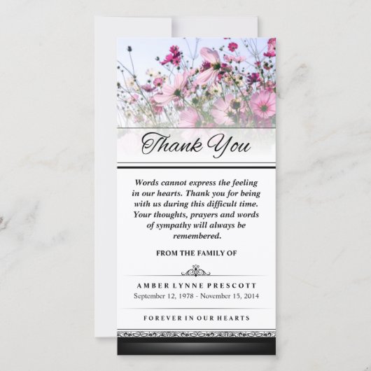 感謝ピンクの花畑の言葉は表現できない サンキューカード (正面)