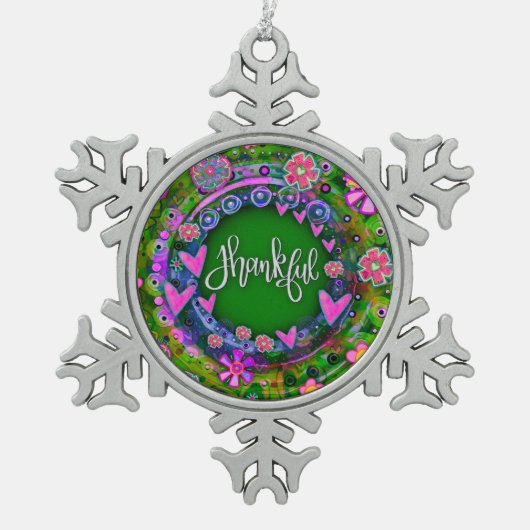 感謝ピンクハートフローラかわいらし鼓動 スノーフレークピューターオーナメント (正面)