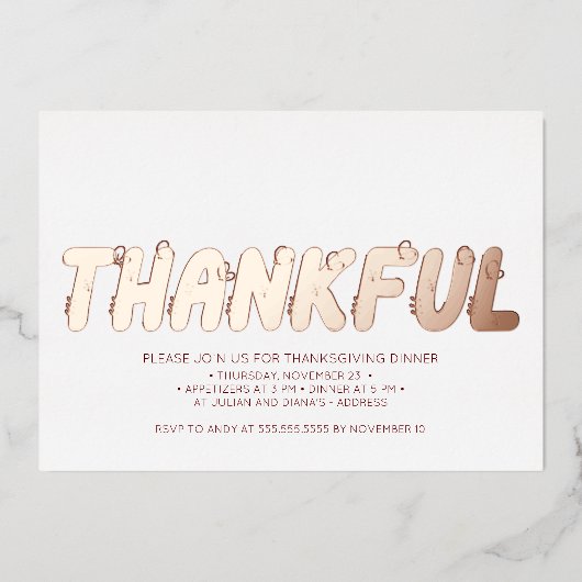 感謝モダンのバラ金ゴールドレッドサンクスギビングディナー 箔招待状 (正面)
