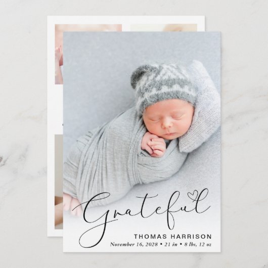 感謝モダンの写真コラージュ誕生のお知らせ 案内状 (正面/裏面)