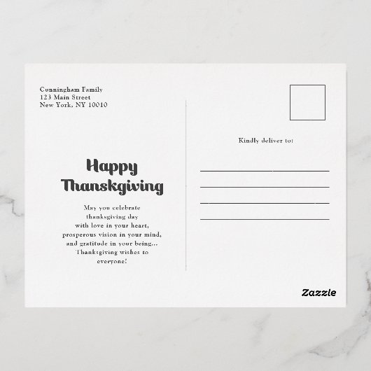 感謝感謝祭モダンのシンプル写真 箔シーズンポストカード (裏面)