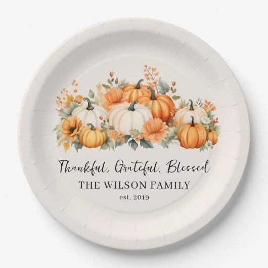 感謝感謝賛美秋パンプキンファミリー名 ペーパープレート (正面)