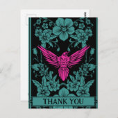 感謝状のポストカード。エキゾチックなピンクの鳥、薄い青の花 ポストカード (正面/裏面)