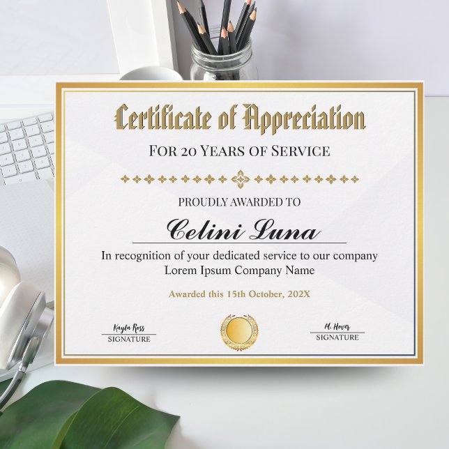 感謝状 – 金ゴールドフレーム作業 (Certificate of Appreciation - Gold Frame Work & Service Award)