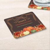 感謝的なカボチャのオレンジの弓の手引きビスト スクエアペーパーコースター (アングル)