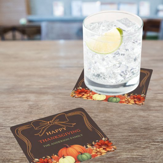 感謝的なカボチャのオレンジの弓の手引きビスト スクエアペーパーコースター