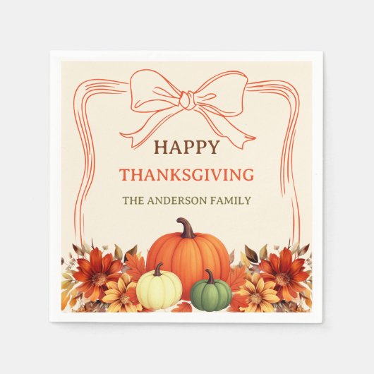 感謝的なカボチャのオレンジ色の花模様は手を引いた弓 スタンダードカクテルナプキン (正面)