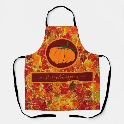 感謝祭おめでとう!キラキラのメープル葉の/カボチャ エプロン (正面)
